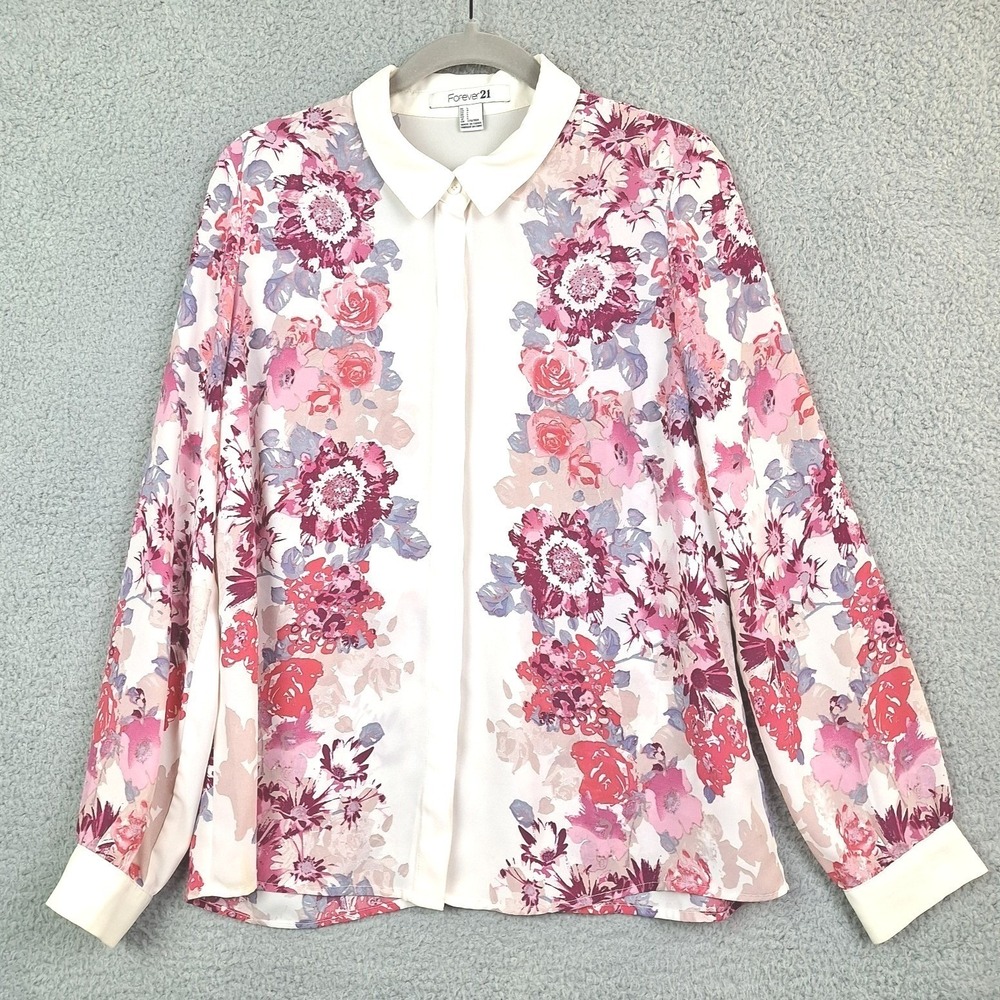 Forever 21 Top Womens Large Pink Floral Sheer Button Up Boho Fairy Cottagecore